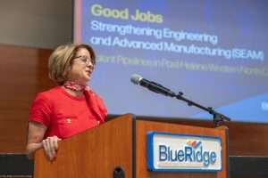Dr. Laura B. Leatherwood, president of Blue Ridge Community College, addresses regional and national partners during a discussion of Good Jobs WNC on Sept. 23, 2026. (Photo by: Benjamin Rickert.)